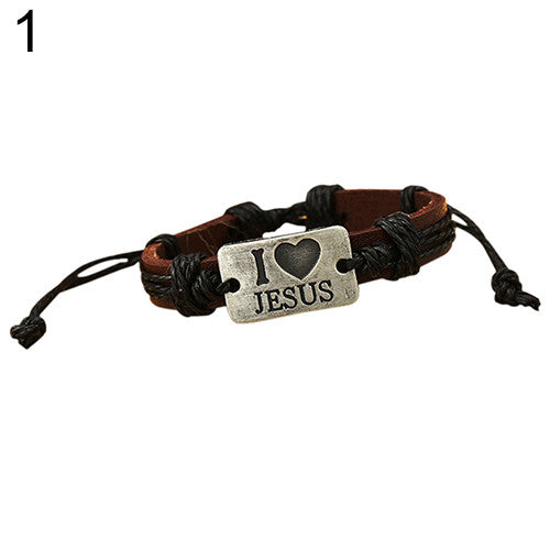 Unisex "I LOVE JESUS" Faux Leather Bangle Hemp Rope Chain Adjustable Bracelet